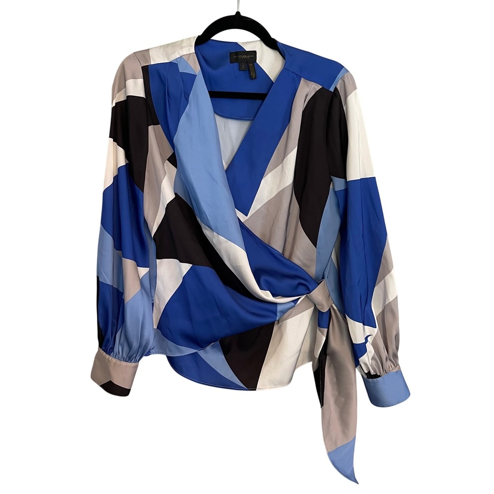 Donna Karan New York Blue Geometric Colorblock Wrap Blouse Gold Button Cuffs S